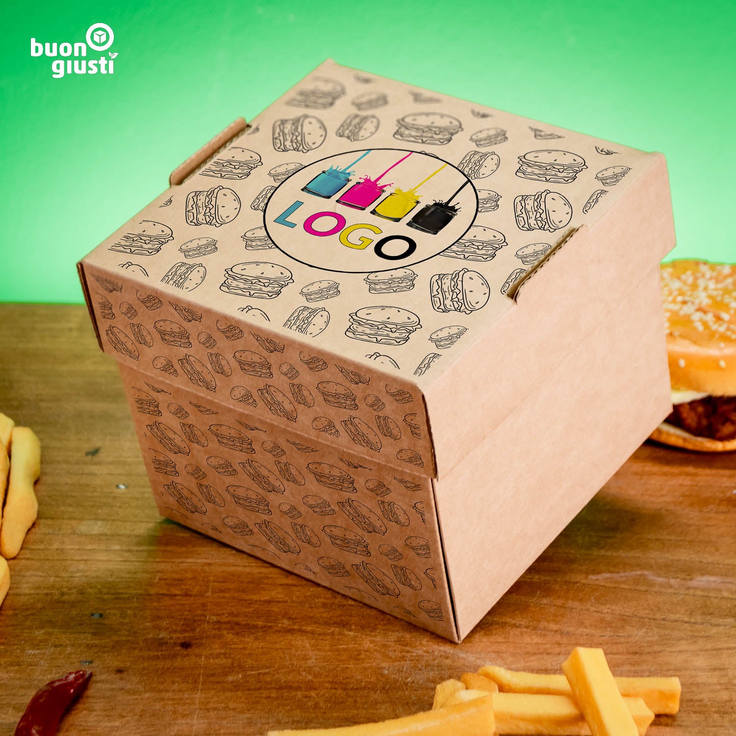 300x Bio Burger-Box XL Personalisiert 14x14x12 cm Wellpappe Faltdeckel | Gedruckt in ca. 3 Tagen! - Burger - buongiusti AG - personalisiert ab 100 Stück